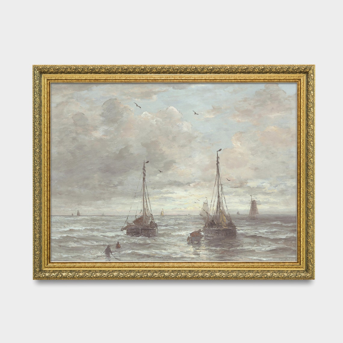 Fishing Sailboats on Shore Muted Coastal Vintage Seascape Art Poster - Image 2