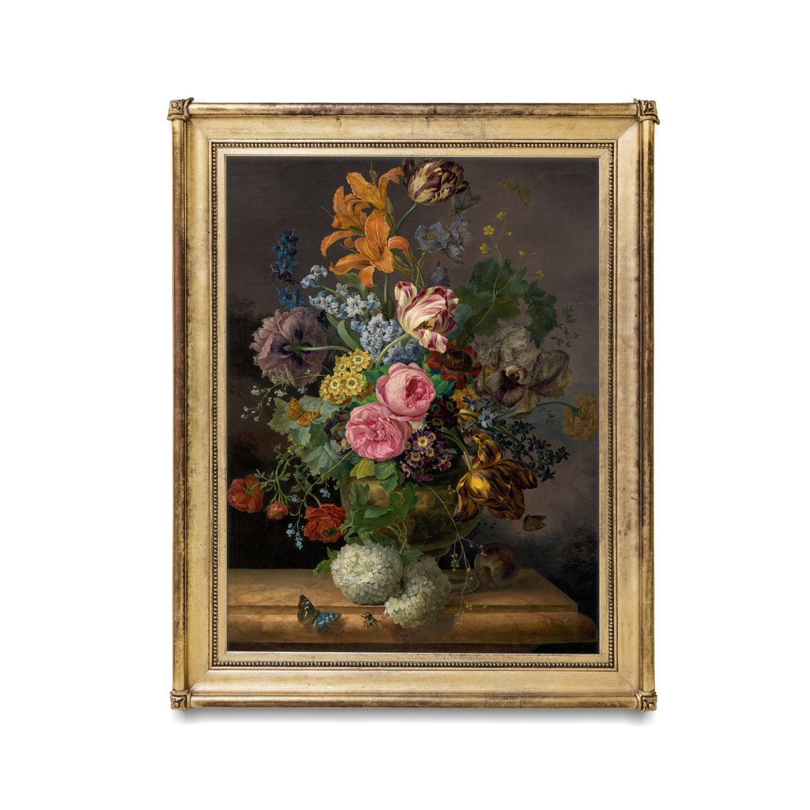 Floral Still Life with Roses Lilies and Tulips on a Stone Ledge Poster - Image 2