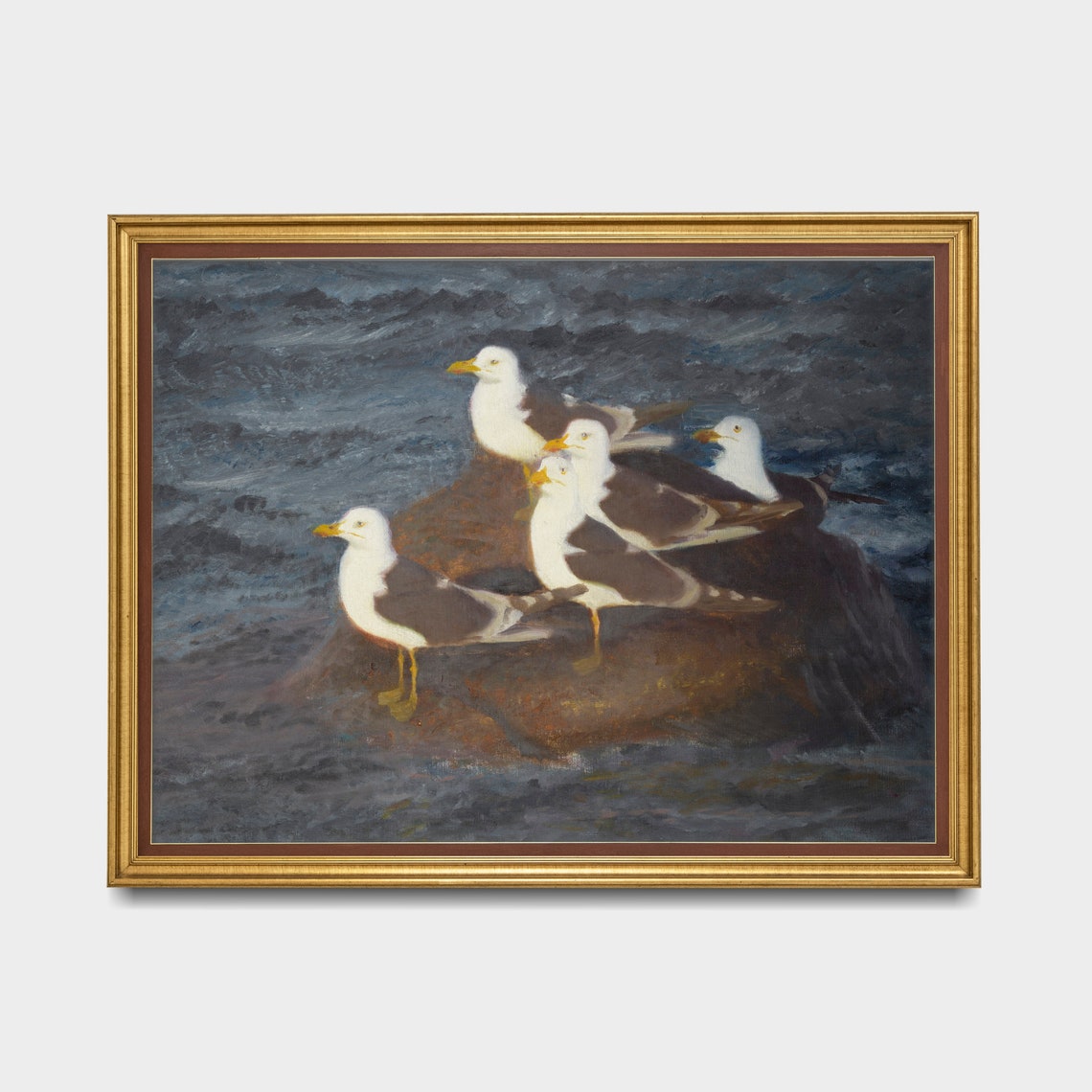 Seagulls Gathered on a Dark Rock by the Sea at Dusk Antique Poster - Image 5