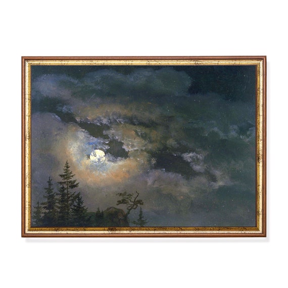 Printed And Shipped Vintage Moonlight Painting Antique Sky Print Moody Rustic Landscape Artwork Dark Academia Fine Art