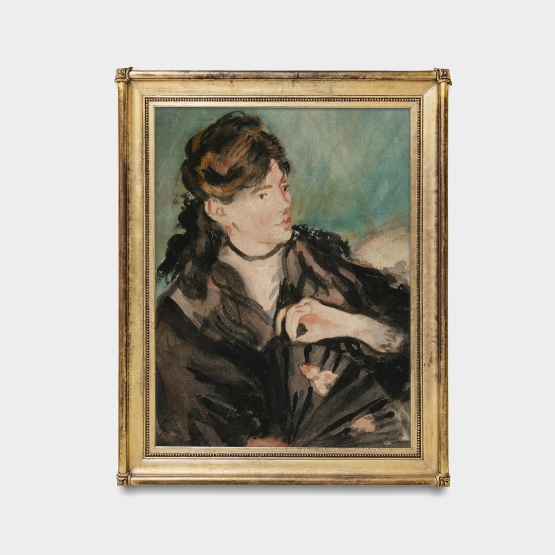 Young Woman Holding a Fan Antique Watercolor Portrait Poster - Image 4