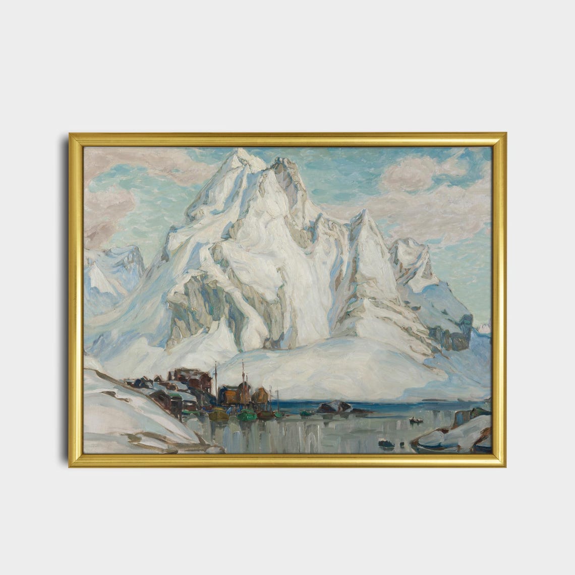Snowy Alpine Peaks Fishing Boats Nordic Winter Landscape Poster - Image 2