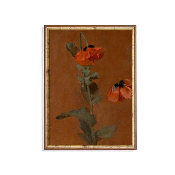 Vintage Poppy Painting Antique Floral Print Rustic Moody Flower Art Wall Art Farmhouse Decor Fine Art