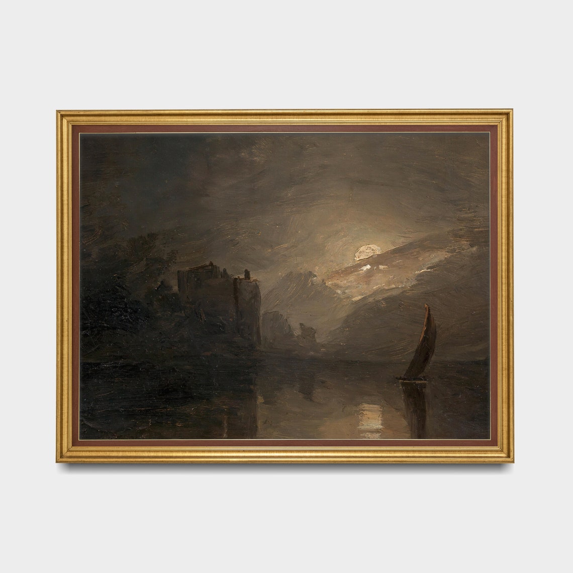 Moody Moonlit Coastal Night Seascape With a Sailboat Nocturne Poster - Image 2