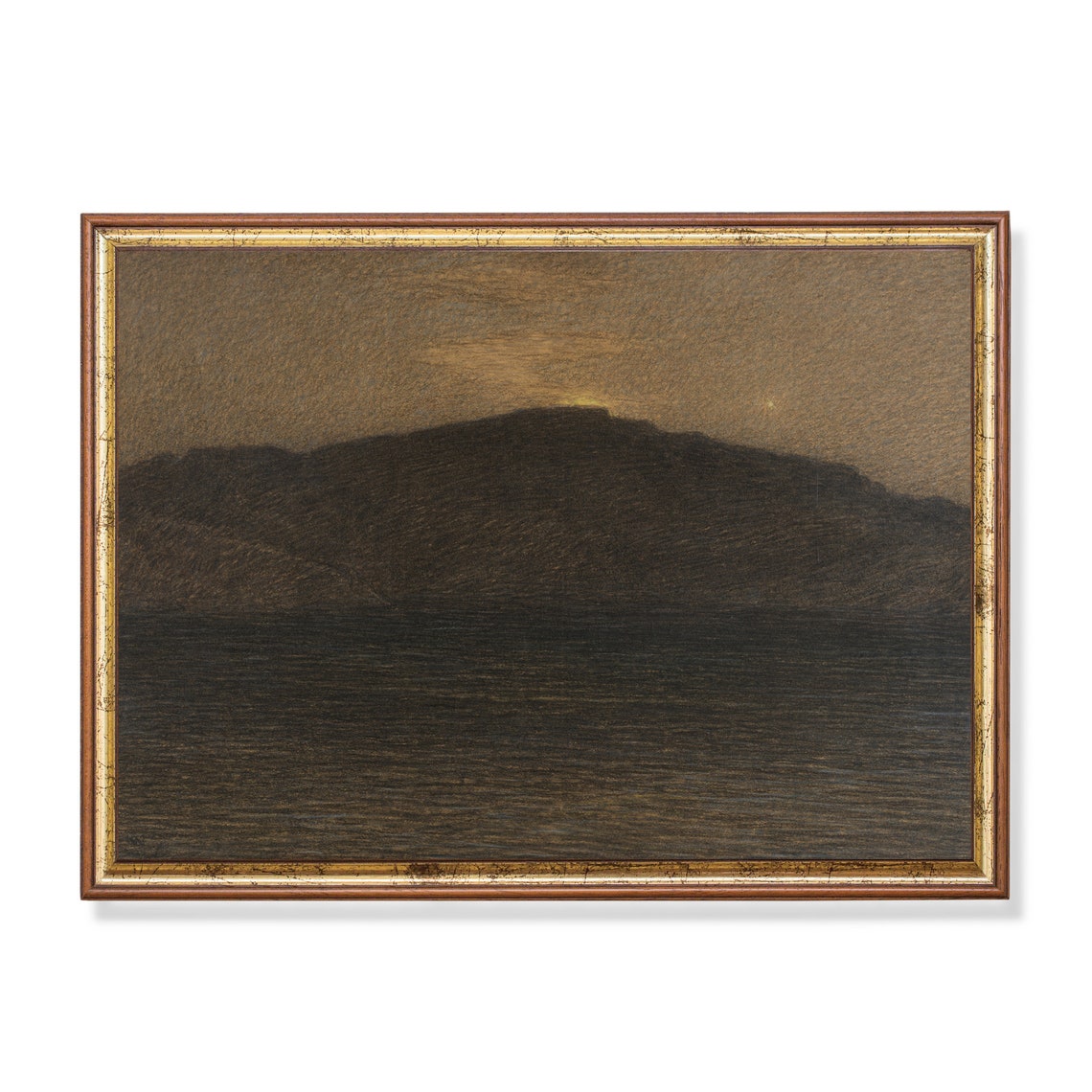Dark Mountain Ridge Over Water at Night Antique Charcoal Study Poster