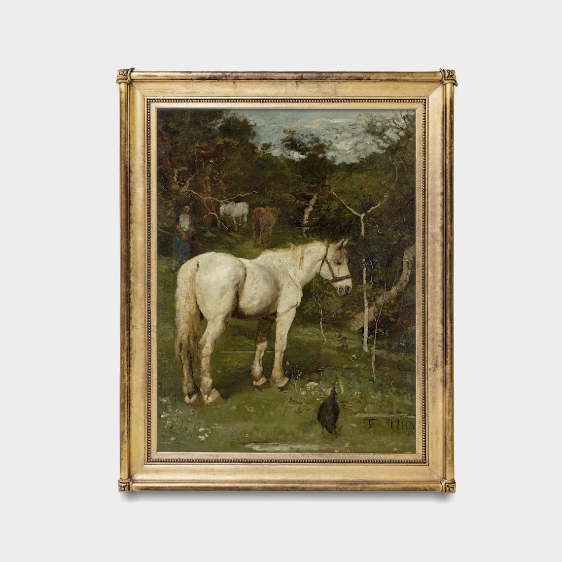 White Horse in a Shady Woodland Meadow Vintage Painting Poster - Image 2