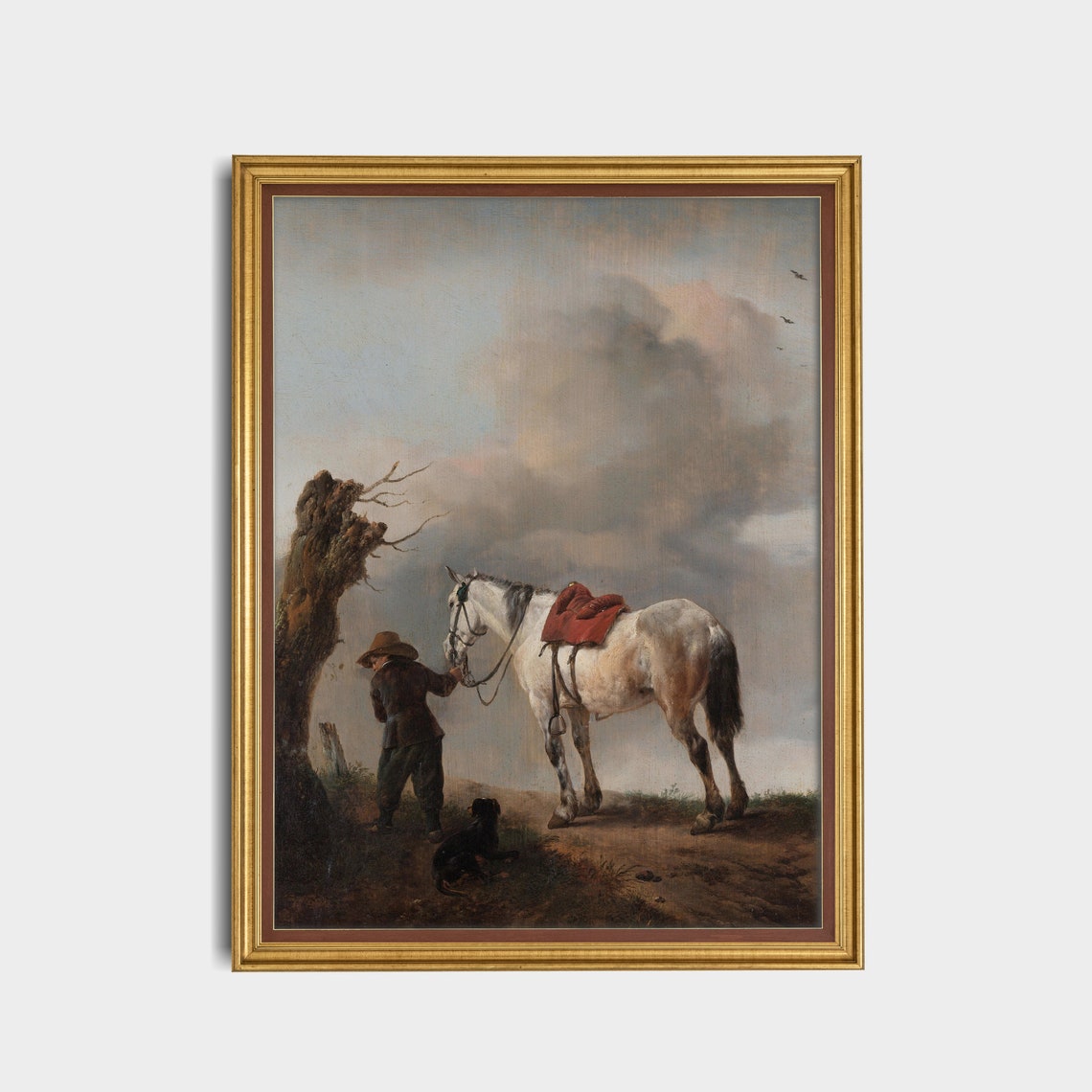 Man with a Saddled Grey Horse and Dog by a Tree Stump Poster - Image 3