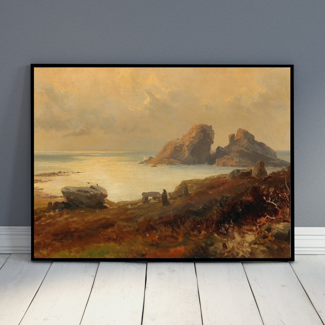 Rocky Coastline at Sunset With Golden Waves Vintage Seascape Poster - Image 4