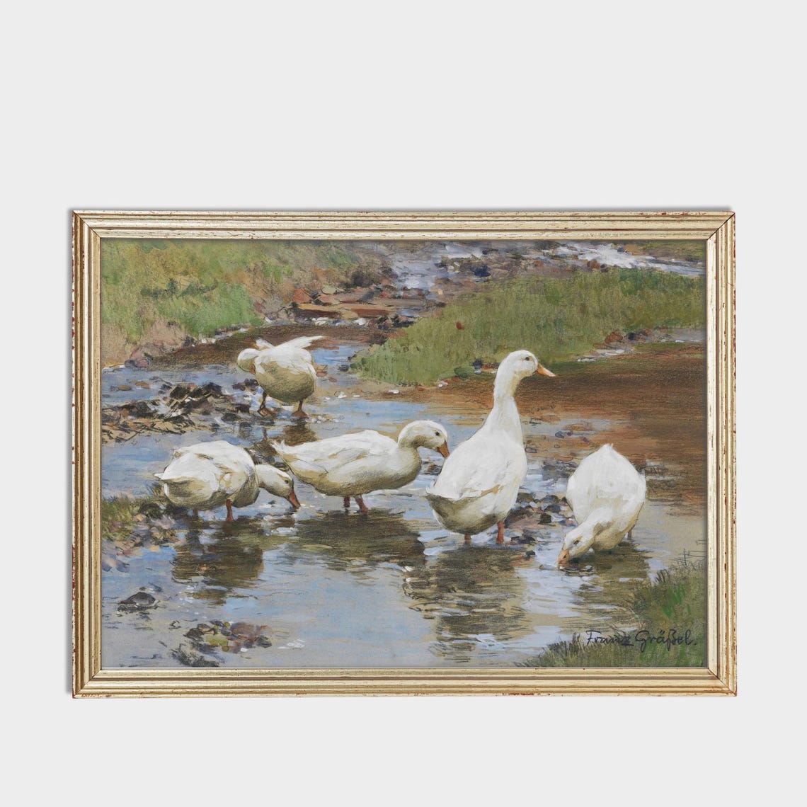 White Ducks Drinking at a Stream by Franz Grässel Vintage Poster - Image 3