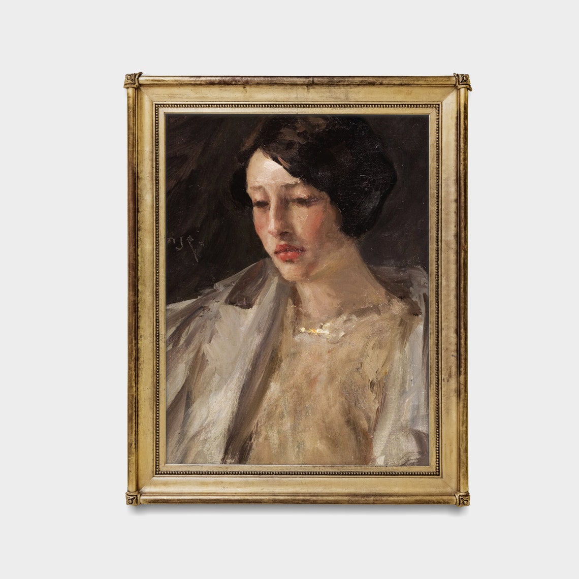 Dark Haired Woman Downcast Moody Antique Oil Portrait Poster - Image 3