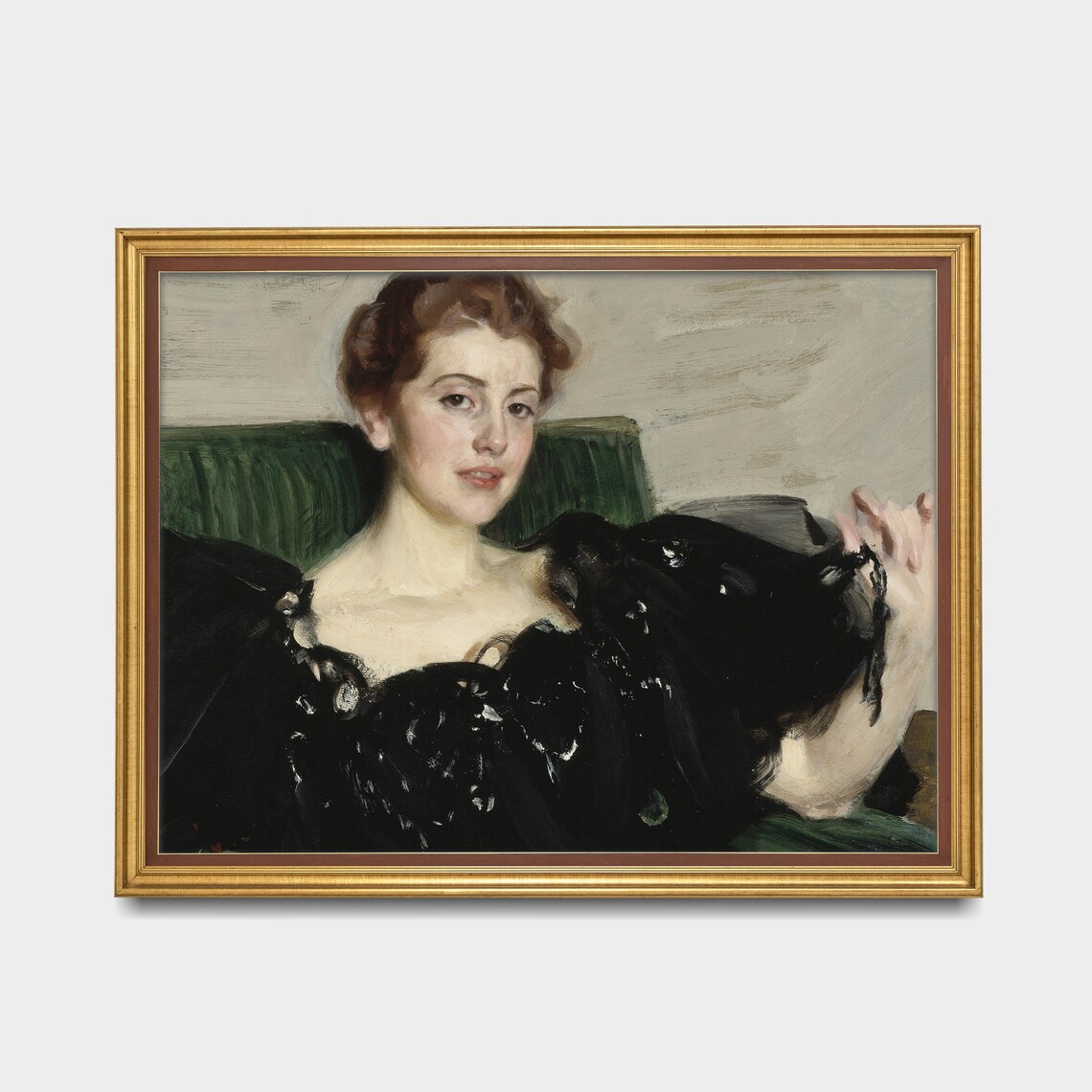 Young Woman in a Black Dress on a Green Sofa Antique Portrait Poster - Image 2