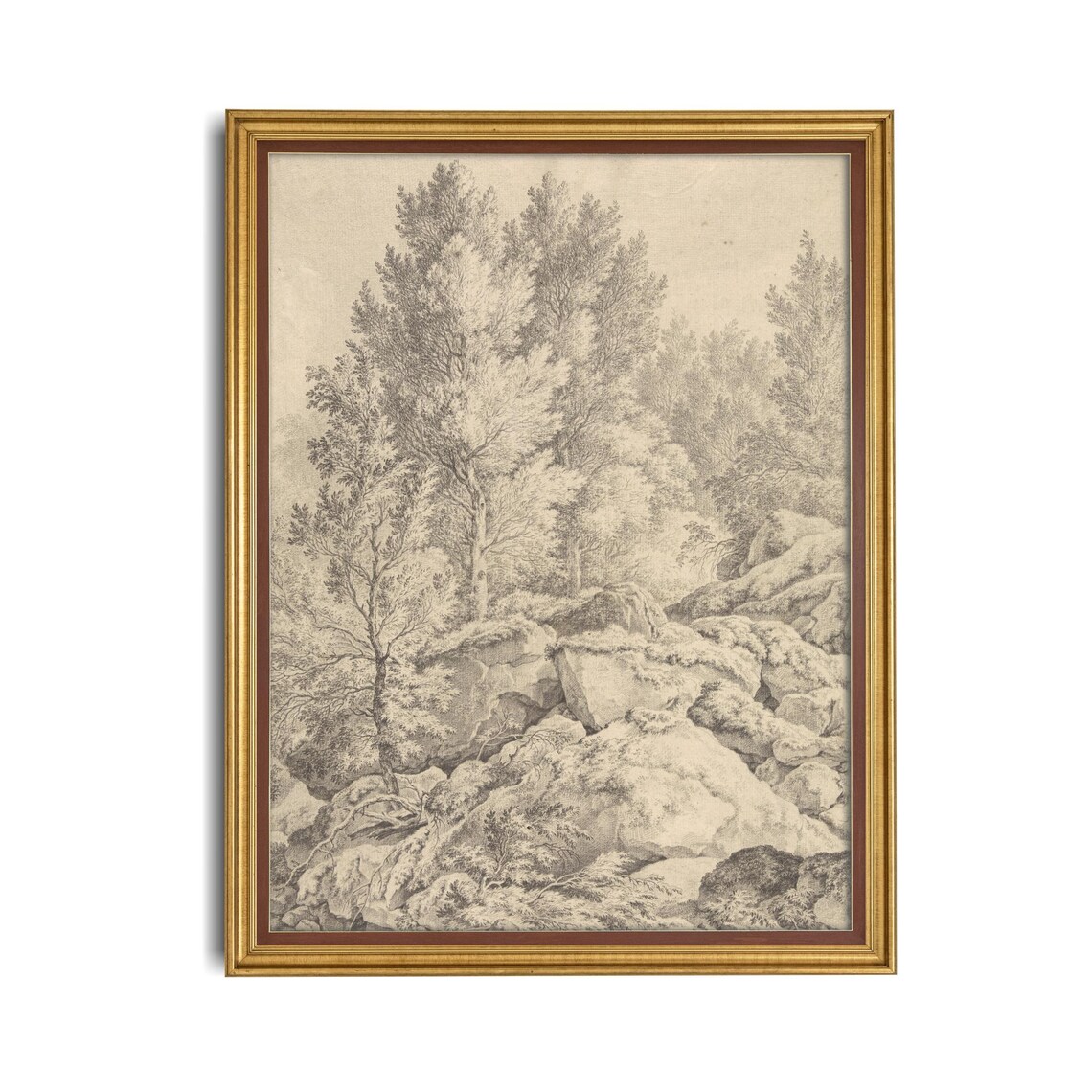 Rocky Woodland Hill Antique Pencil Sketch Neutral Art Poster - Image 4
