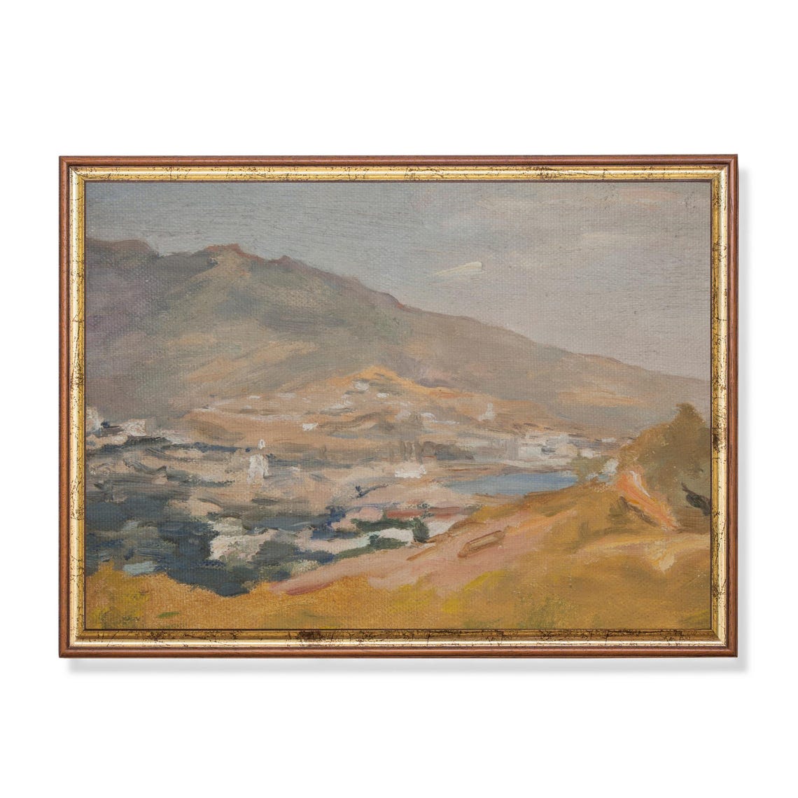 Antique Mountain Village By A Lake Landscape Painting Poster