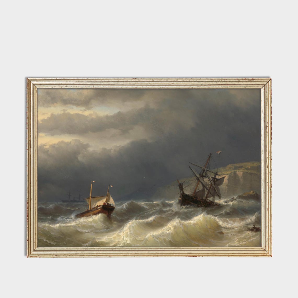Sailing Ships Battling Storm Waves Near Rocky Cliffs Marine Poster - Image 3
