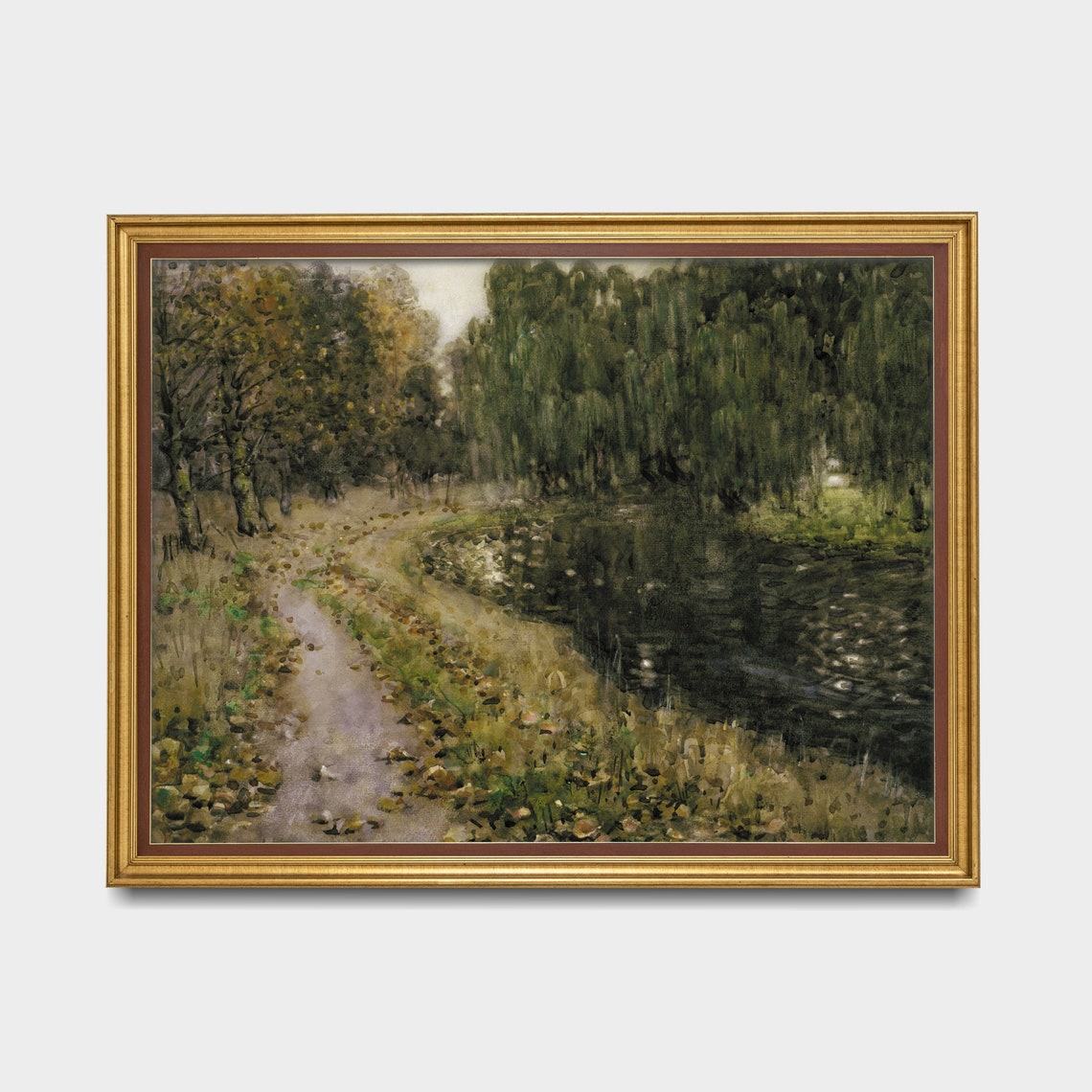 Autumn Woodland Path Along a Willow Lined Stream Scenic Wall Art - Image 3