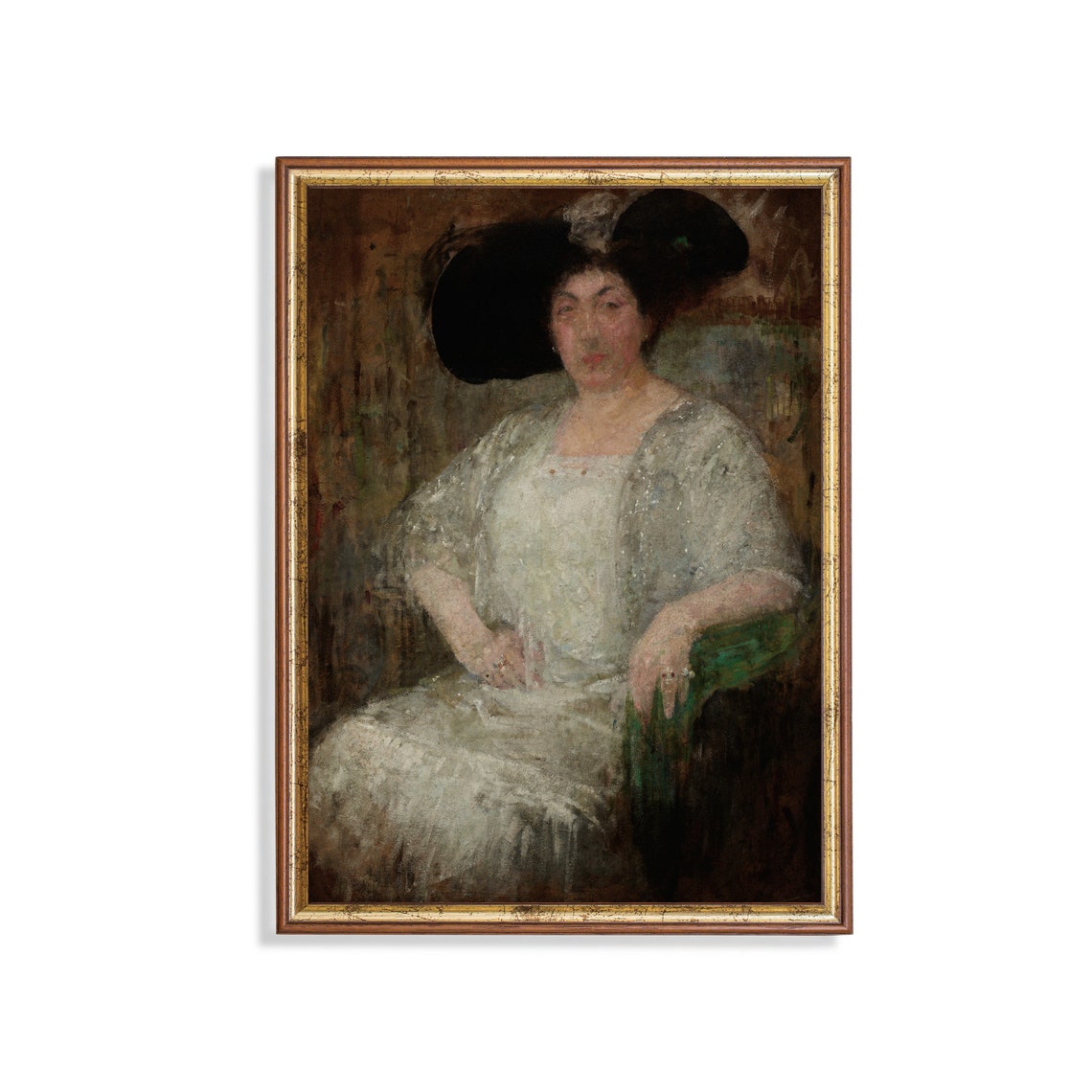 Seated Woman in a White Dress with a Large Dark Hat Vintage Poster