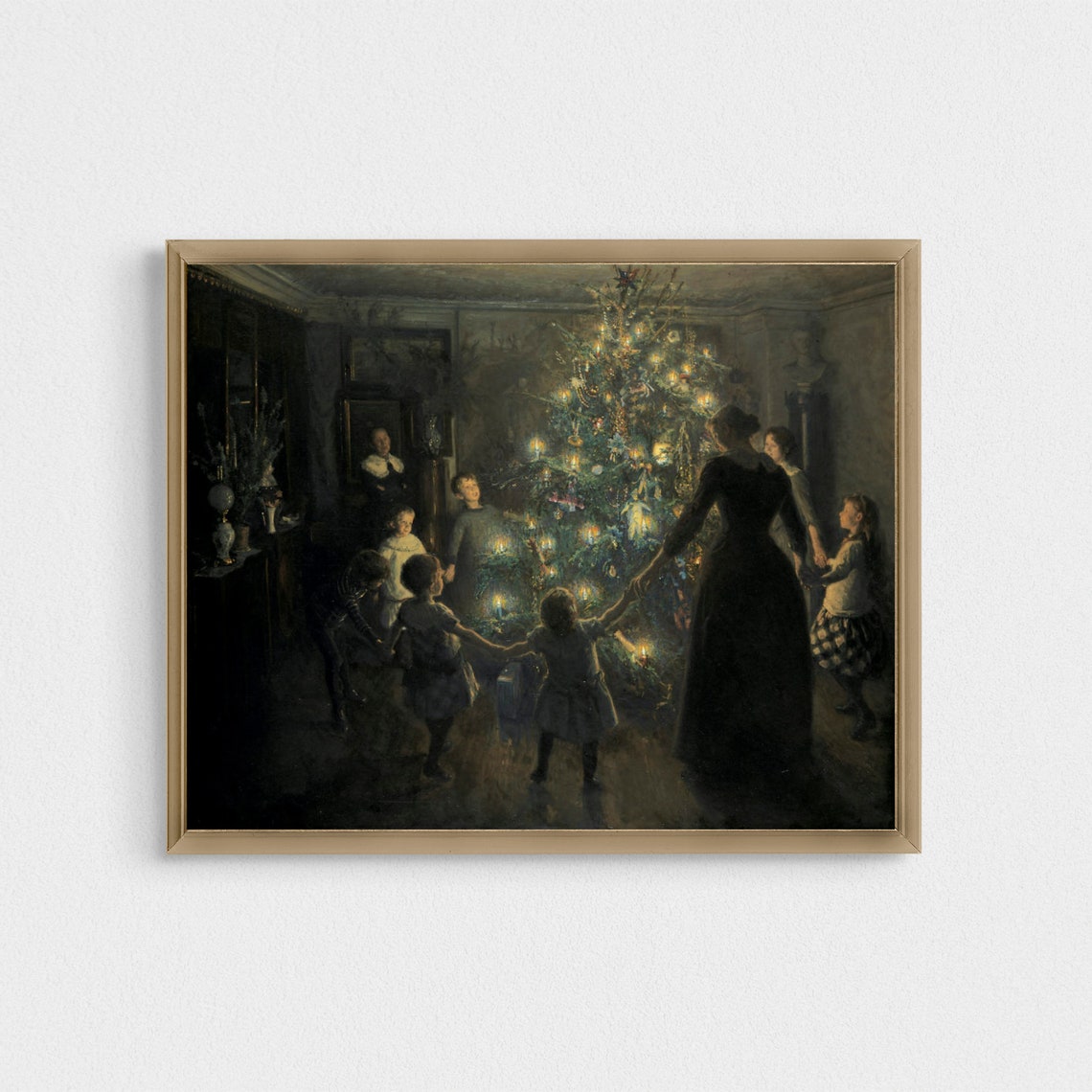 Family Dancing Around Lit Christmas Tree Antique Christmas Poster - Image 2