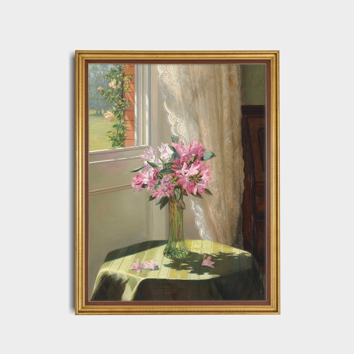 Pink Azaleas in Glass Vase by Sunlit Window Vintage Floral Poster - Image 3