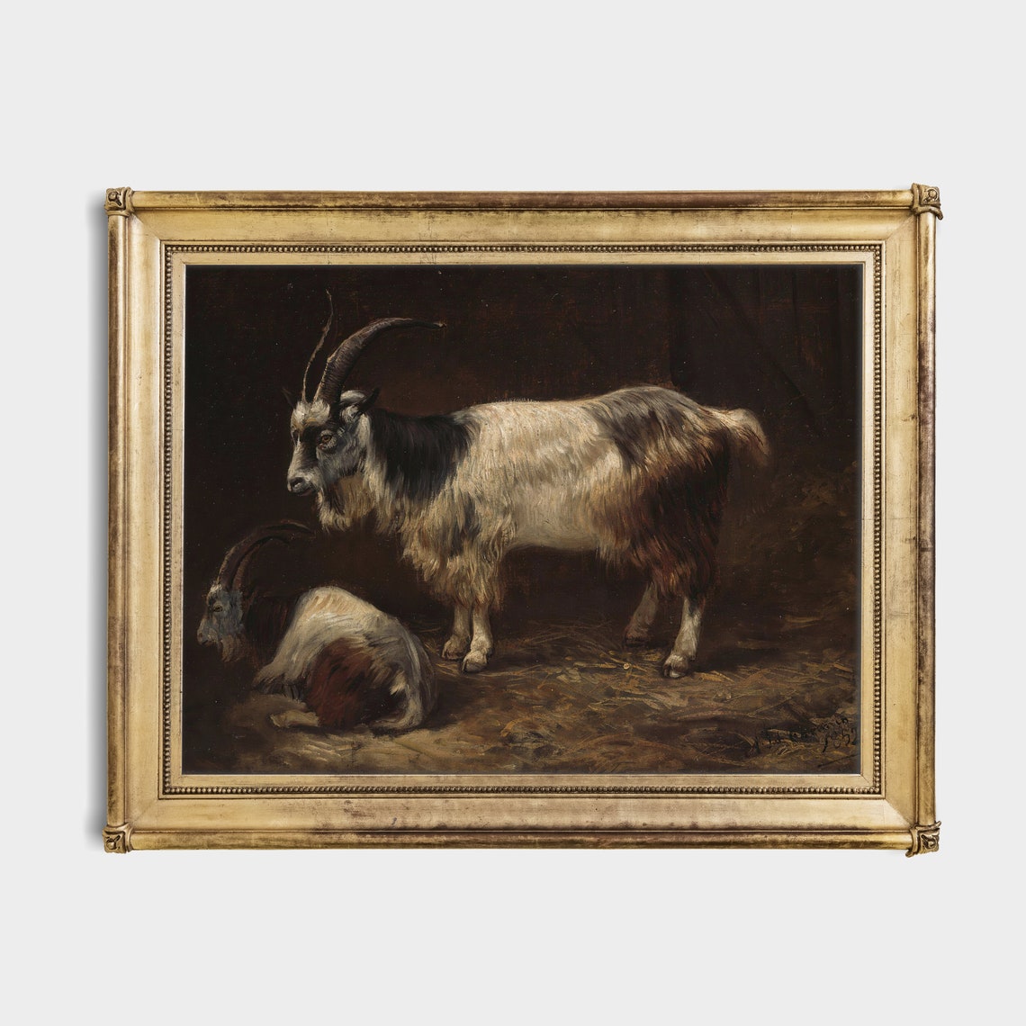 Two Goats in Moody Dark Rustic Farm Animal Oil Painting Poster - Image 2