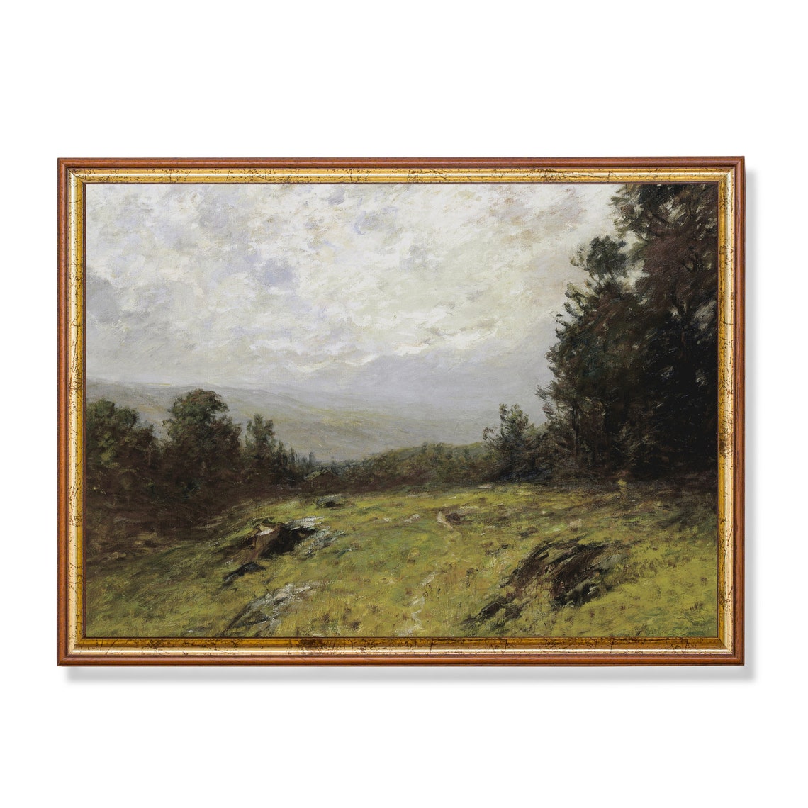 Misty Green Valley Under Cloudy Sky Impressionist Landscape Oil Print