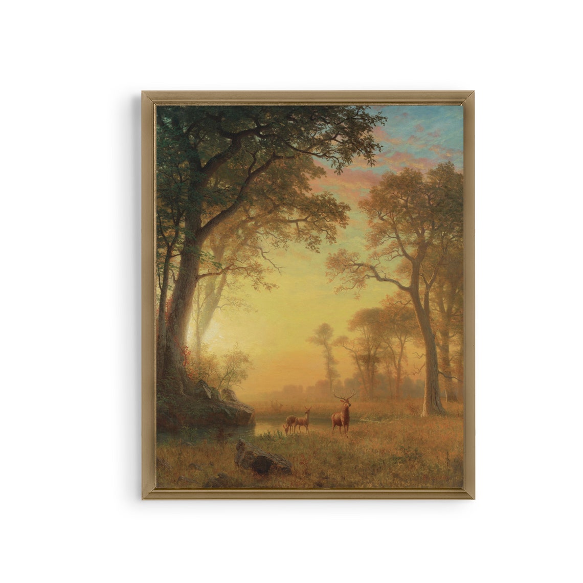 Golden Sunset Forest With Deer Vintage Luminous Landscape Poster