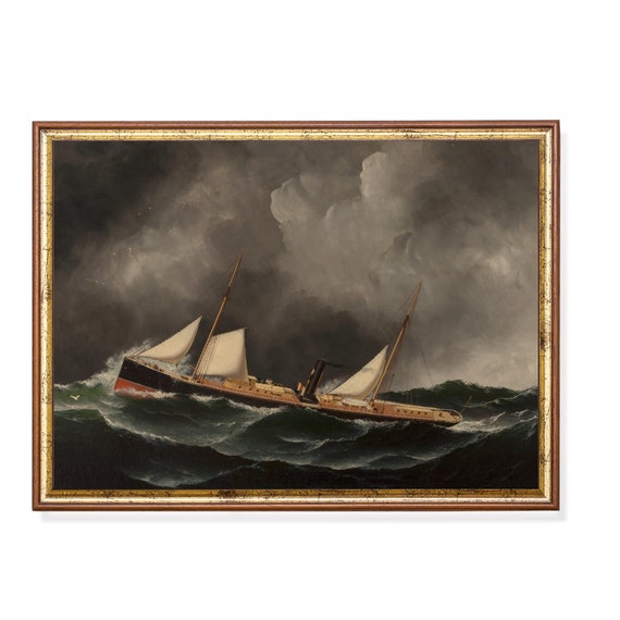 Sailing Ship Painting Moody Rustic Dark Academia Vintage Seascape Oil Painting Nautical Decor Wall Art