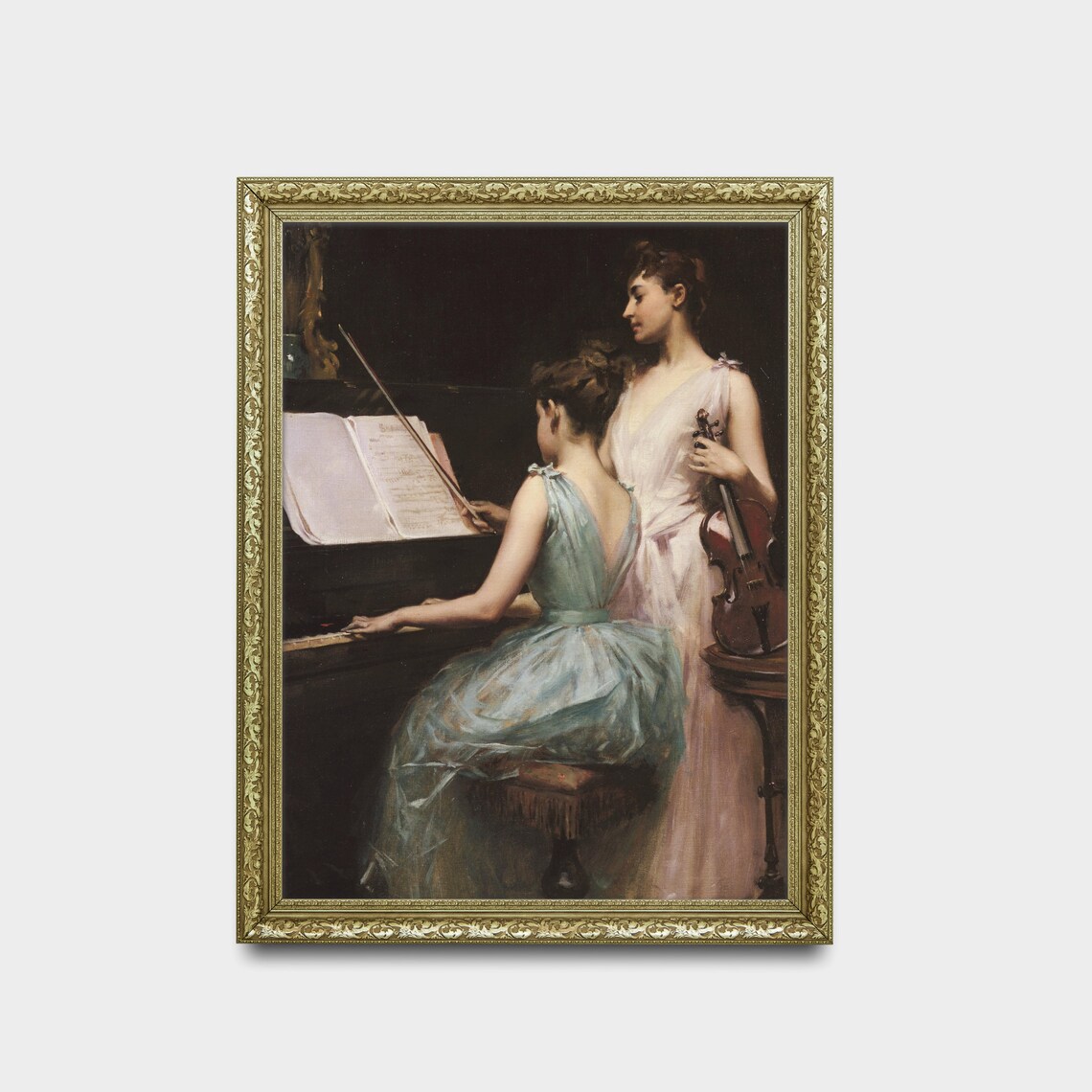 Two Young Women With Piano and Violin Vintage Music Painting Poster - Image 2