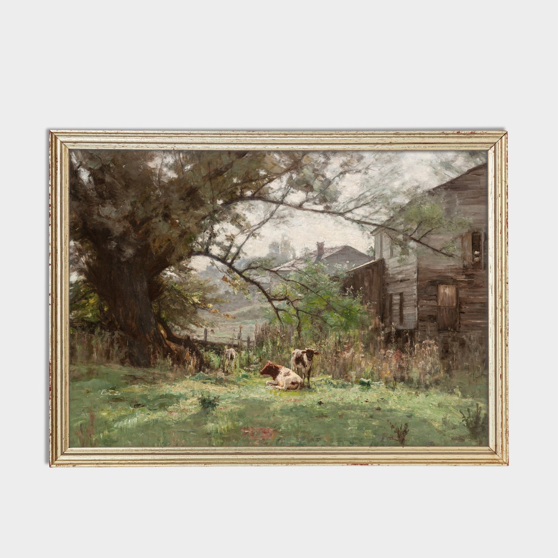 Cows Resting in a Farmyard by a Barn Beneath a Great Tree Poster - Image 2