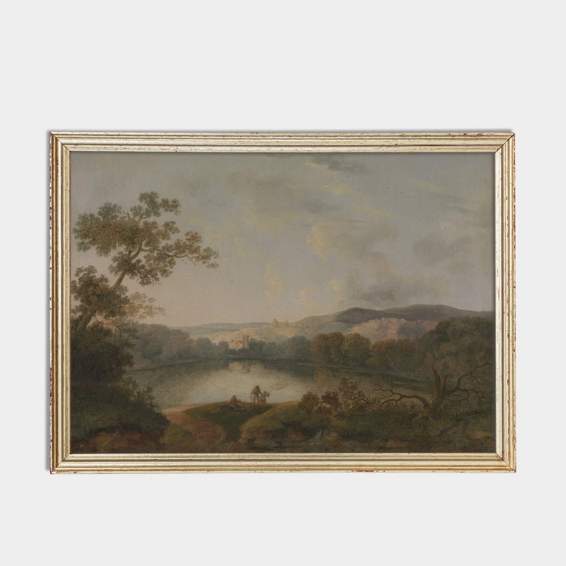 Tranquil Lake with Distant Mountains and Figures on the Shore Poster - Image 2