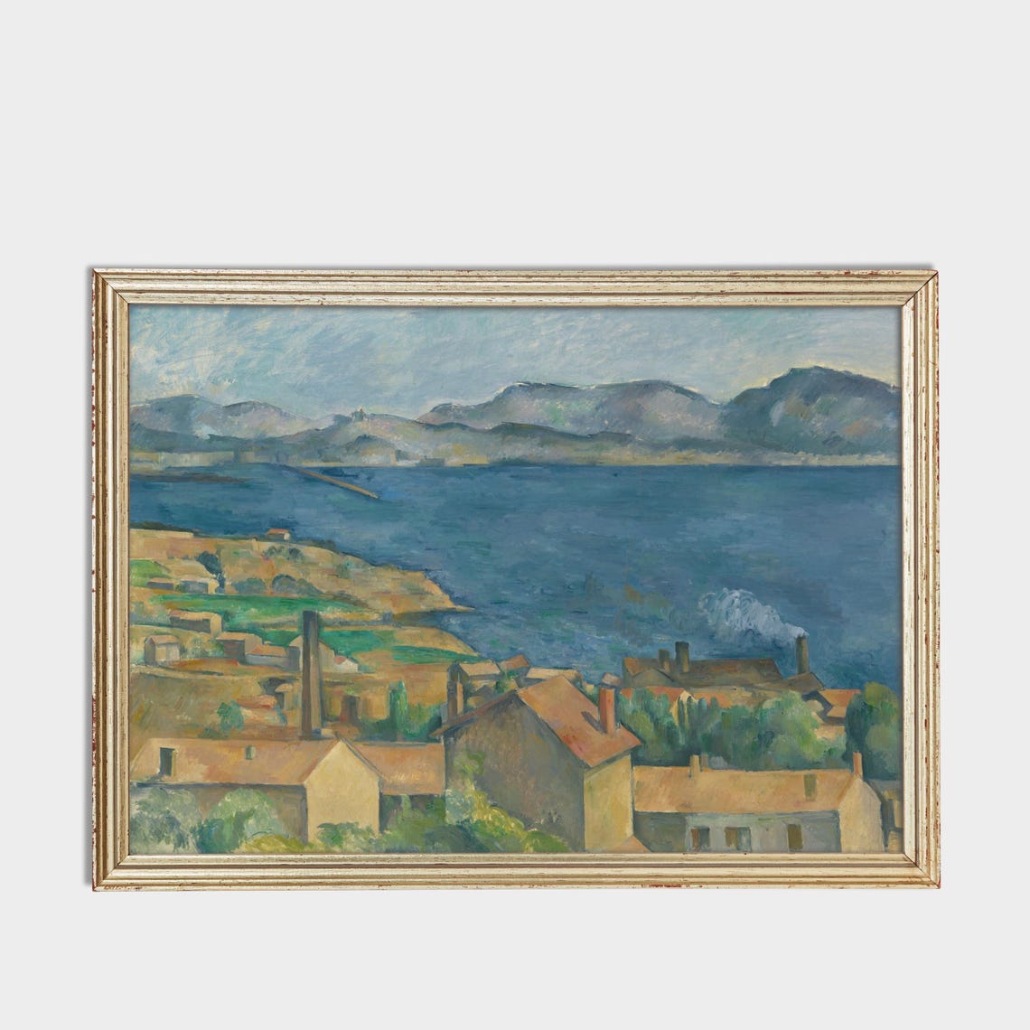 Coastal Town with Factory Chimneys Overlooking a Blue Bay Poster - Image 3