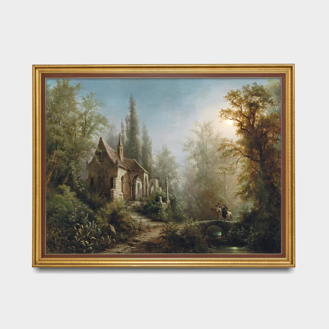 Moonlit Chapel with Riders Vintage Night Landscape Romantic Poster - Image 3