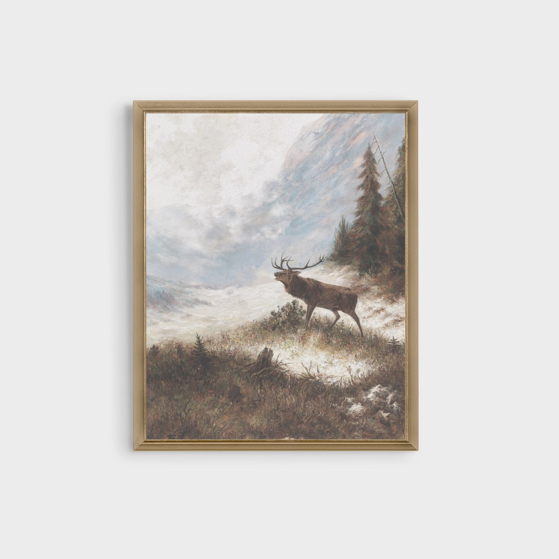 Stag Bellowing on a Snowy Mountain Hillside Vintage Wildlife Poster - Image 4