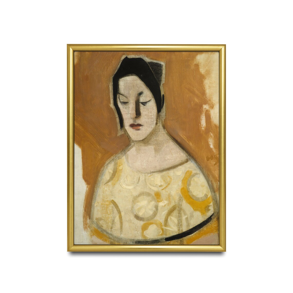 Woman in a Yellow Patterned Dress with Golden Background Modigliani Poster - Image 2