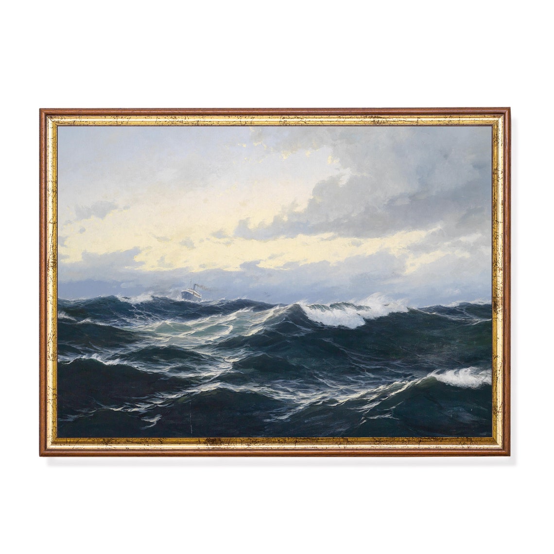 Stormy Dark Ocean Waves With Distant Steamship Dramatic Sea Poster