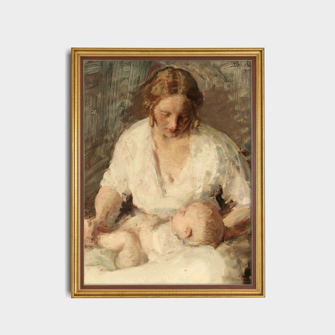 Tender Mother Cradling Her Newborn Baby Antique Oil Painting Poster - Image 4