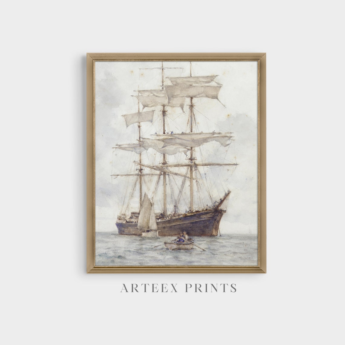 Tall Sailing Ship Pale Watercolor Painting With Rowboat Poster - Image 4