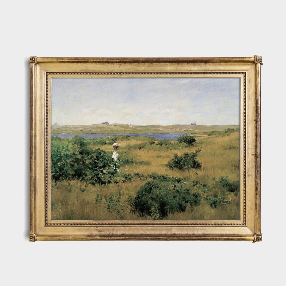 Vintage Woman Walking in Golden Meadow By The Lake Art Poster - Image 3