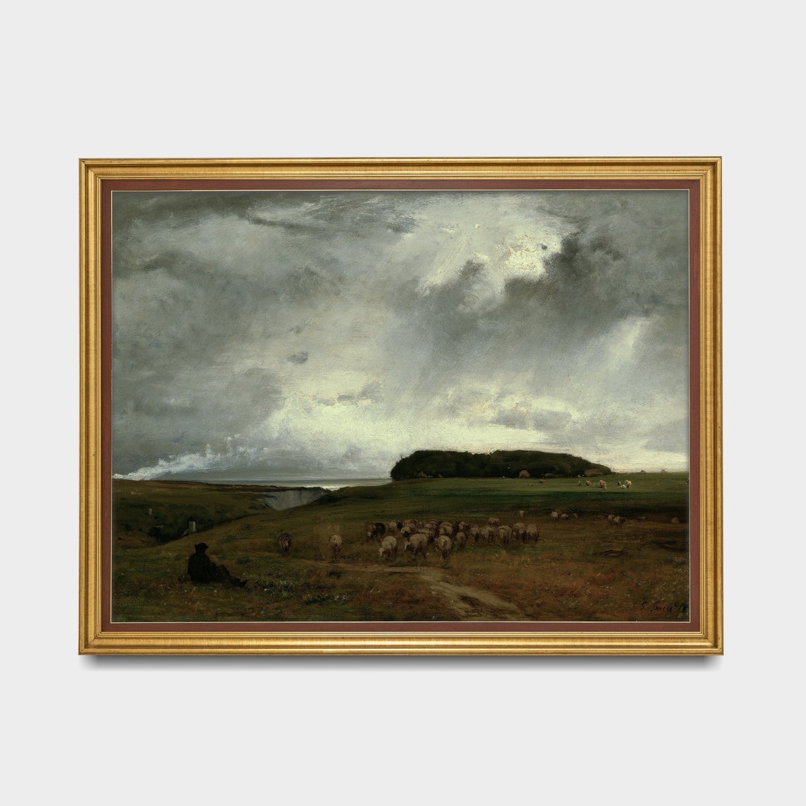 Shepherd with a Sheep Flock by the Cliffs Stormy Landscape Poster - Image 5