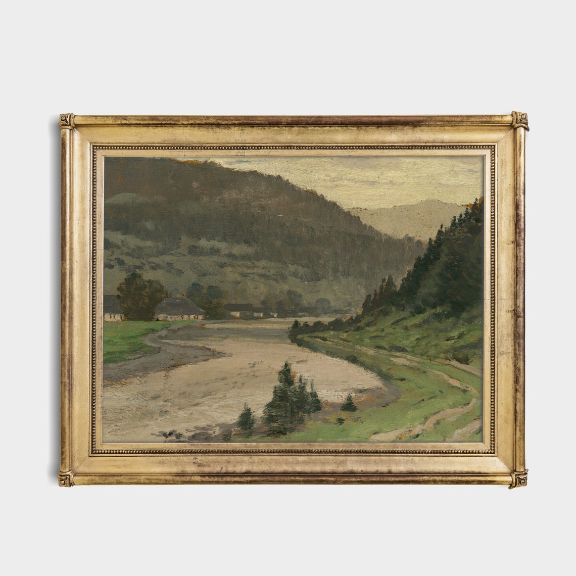 Mountain Valley With a Winding River and Cottages Vintage Poster - Image 4