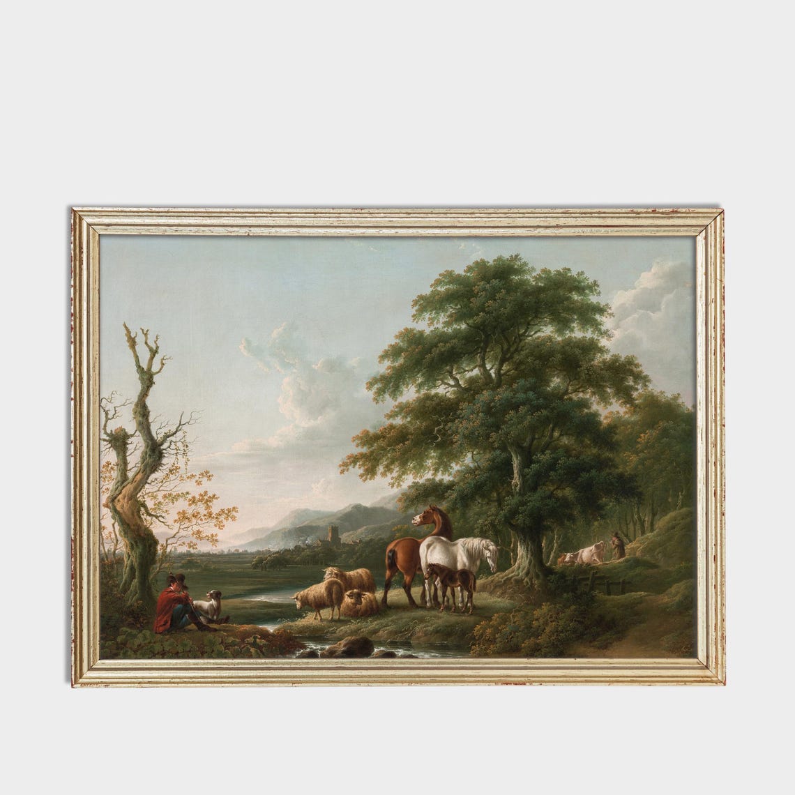 Shepherd with Horses Sheep and Dog by a Stream Pastoral Poster - Image 2