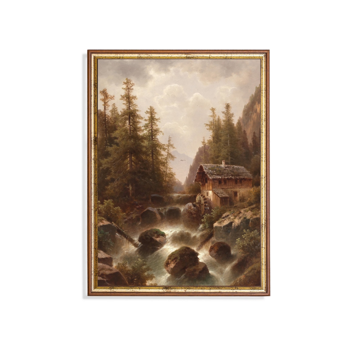 Vintage Mountain Landscape Antique Mill Painting