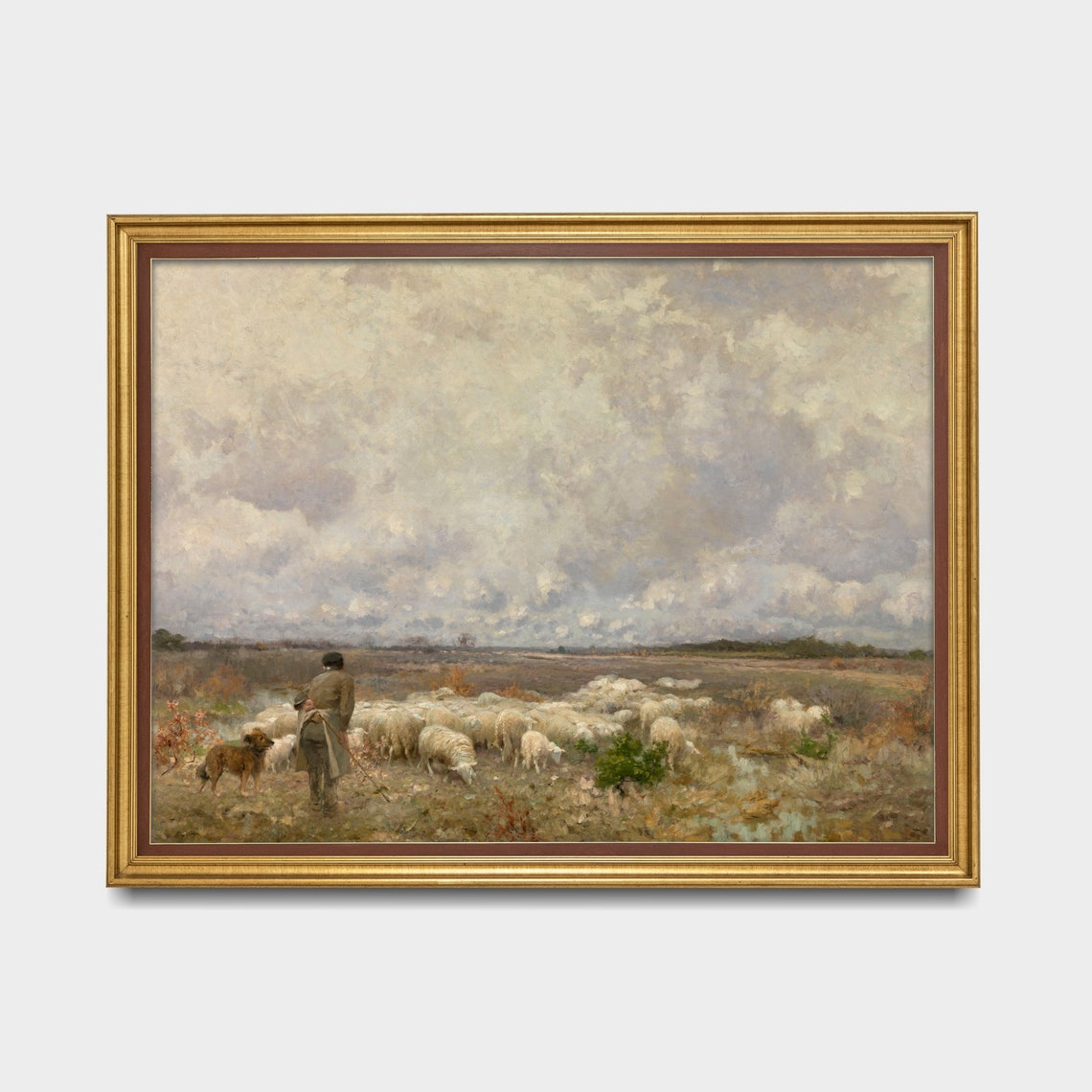 Shepherd and Sheep Dog Watching a Flock at Dusk Painting Poster - Image 3