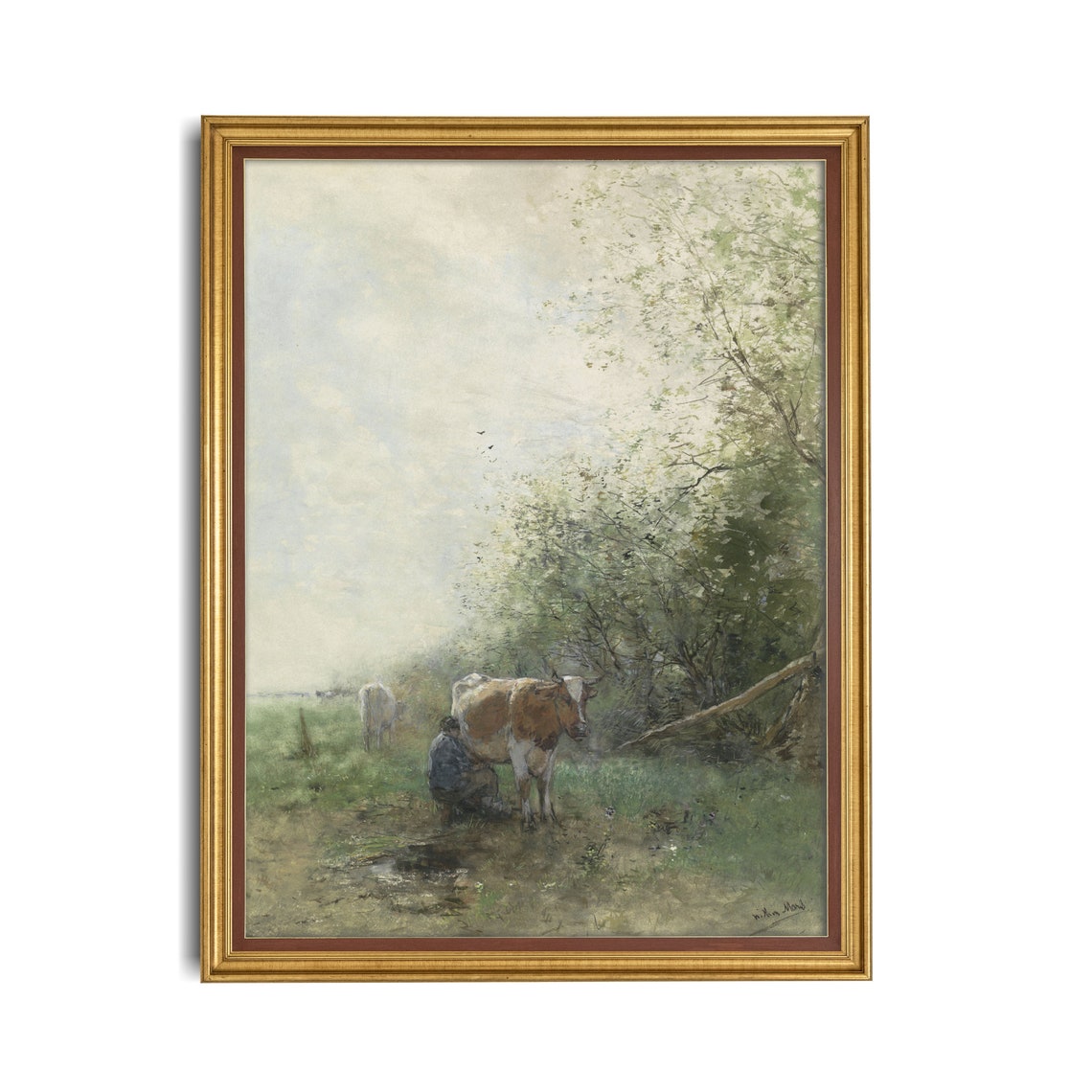 Farmer Milking Cow In Green Meadow Vintage Rural Scene Poster - Image 2