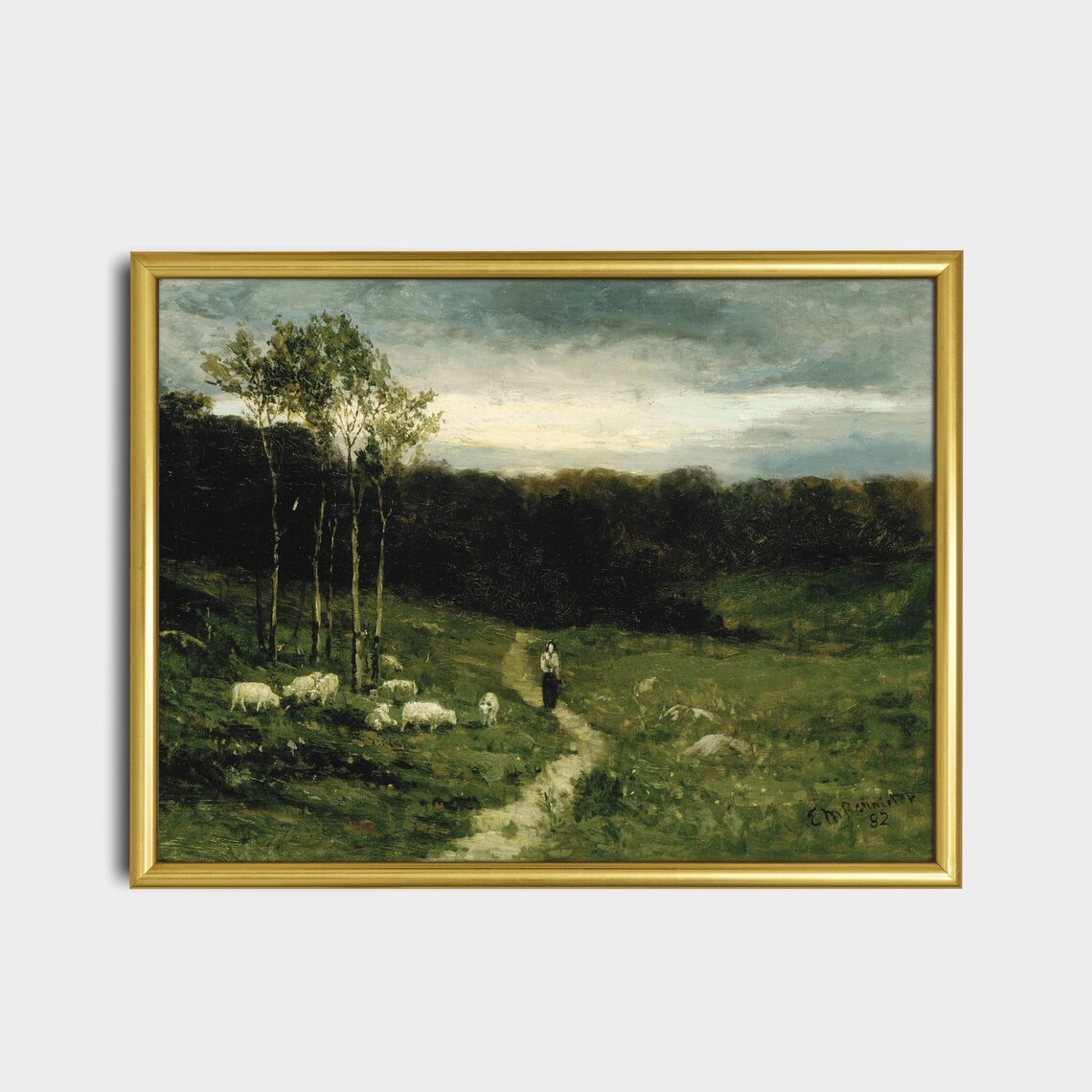 Printed And Shipped Landscape Painting Vintage Moody Rustic Art Antique Print Country Scenery Man On Horse With Woman And Dog - Image 2
