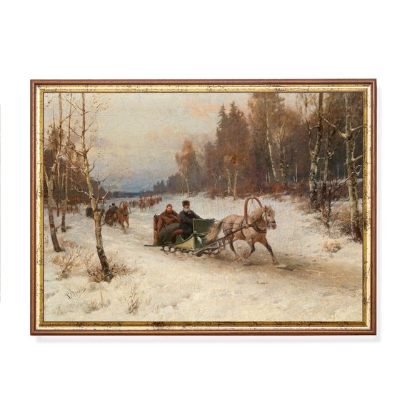 Sleigh Ride in Winter Snow, Vintage Painting Art Print