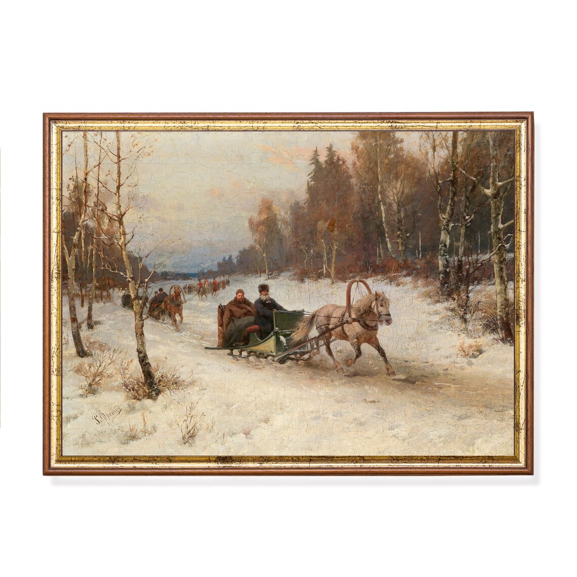 Sleigh Ride in Winter Snow, Vintage Painting Art Print