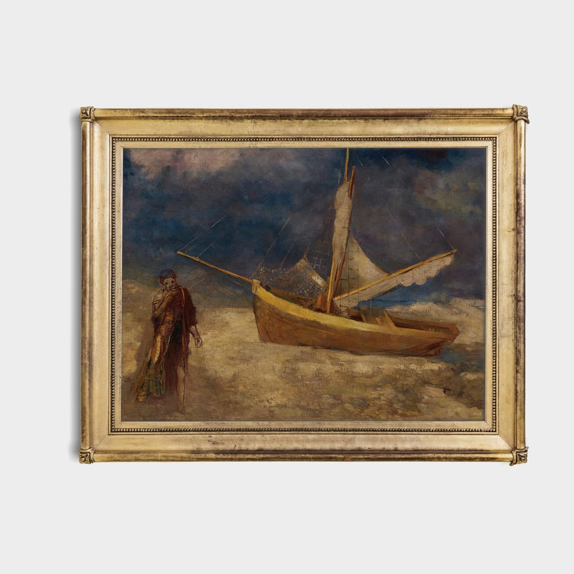 Fisherman Beside A Beached Sailboat At Dusk Vintage Art Poster - Image 4