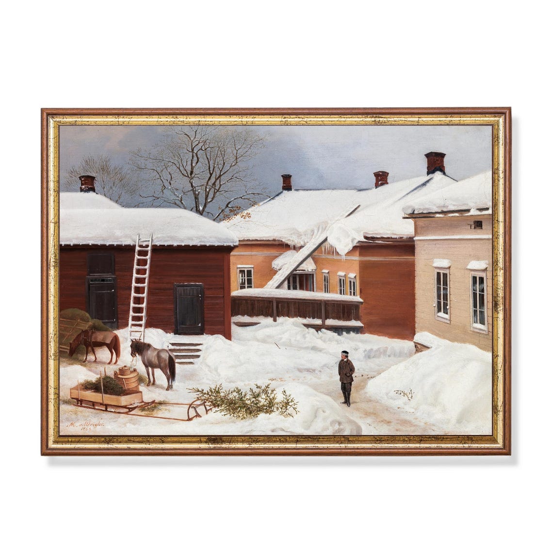 Snowy Farmyard Horses Sleigh Icicle Roofs Winter Scene Poster