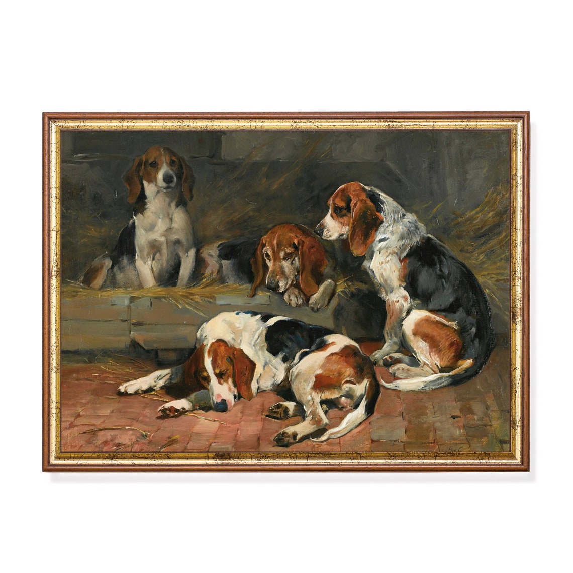Four Beagles Resting Together in a Straw Kennel Dog Painting Poster