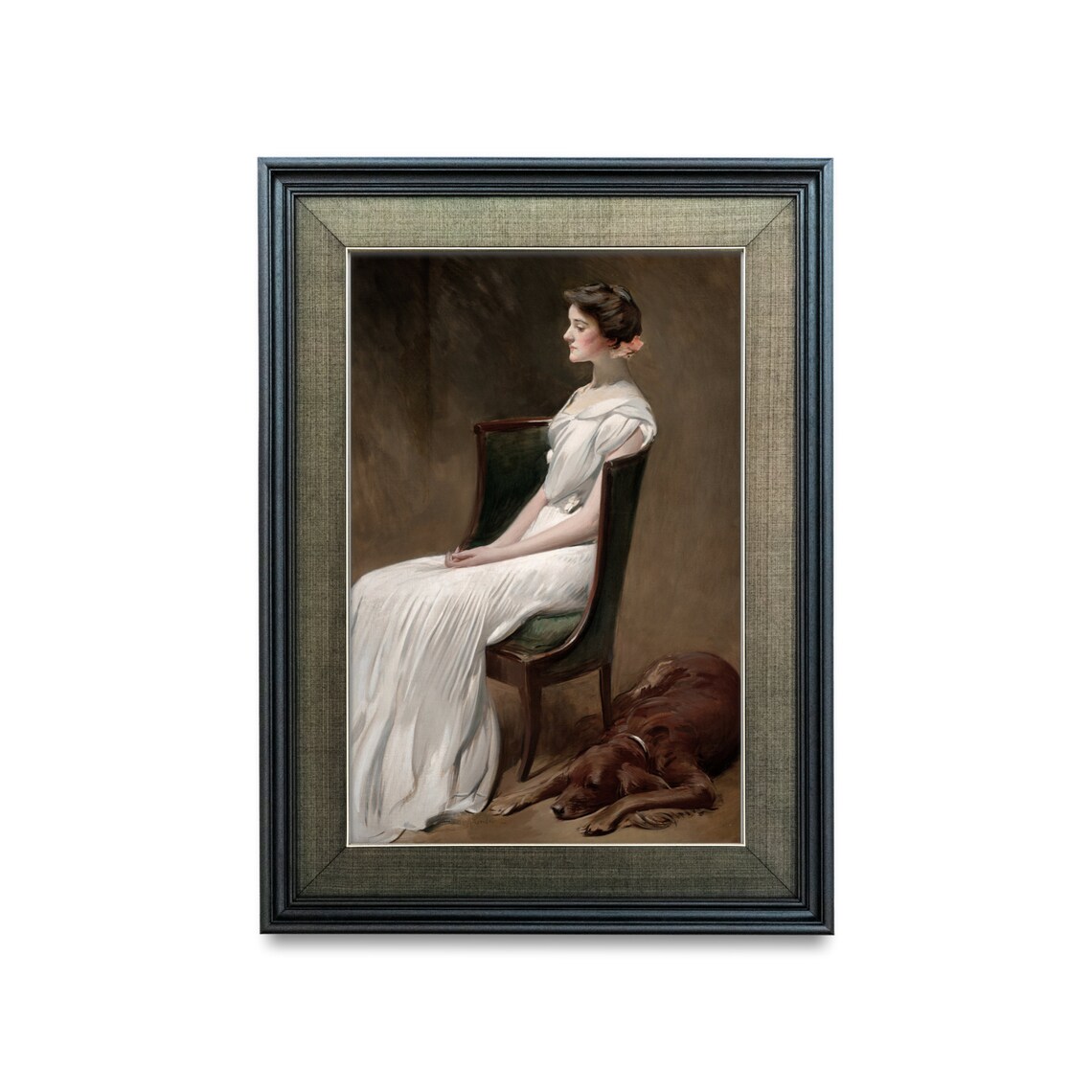 Elegant Woman in White Gown with Dog Antique Classic Portrait Print - Image 2